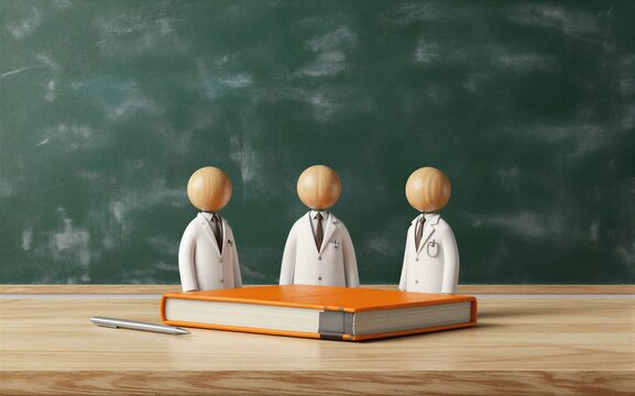 Three wooden-headed doctors stand before a chalkboard with an orange book.