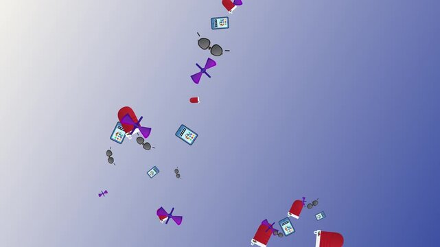 Red Mittens and Purple Windmills Floating Against Blue Gradient Background