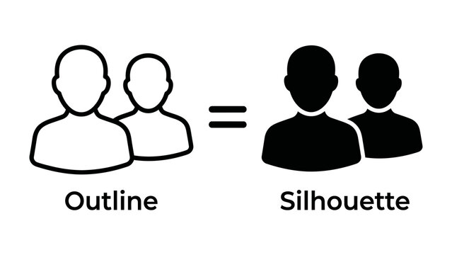 Outline vs Silhouette of People Icons: A clear visual comparison illustrating the difference between outline and silhouette representations of two individuals.
