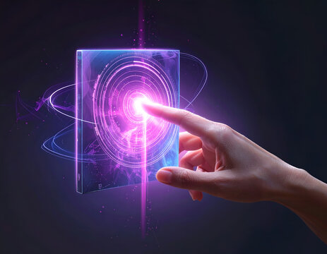 Futuristic Technology Interface Interaction with Glowing Digital Cube.