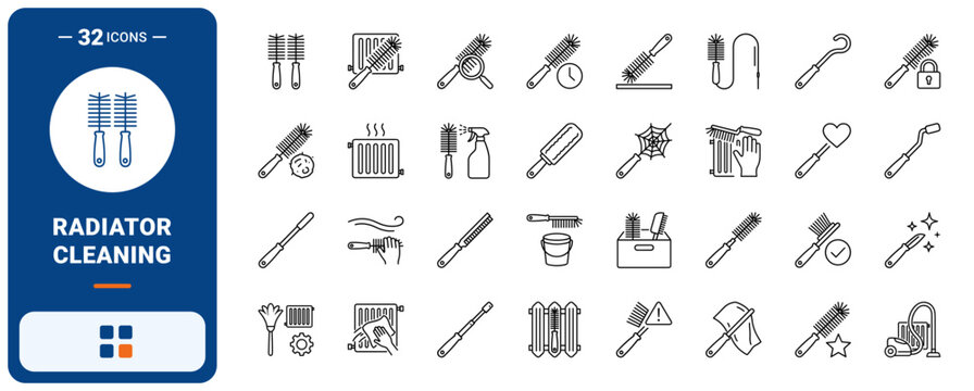 Radiator Brush Cleaning Web Icon Set in Linear Style. Collection of Heater Maintenance line icons, including radiator brush, flexible duster, fin cleaner, dust removal, heat panel, and more.