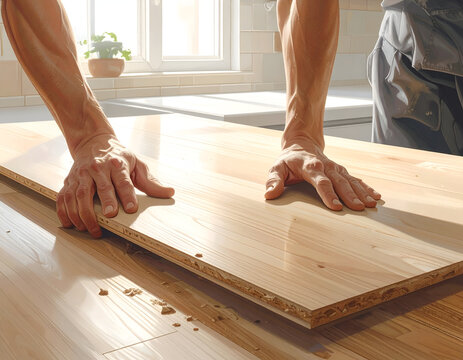 Hands assembling a wooden furniture piece on a table.