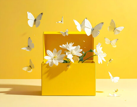 Yellow Box Overflowing with White Flowers and Butterflies.