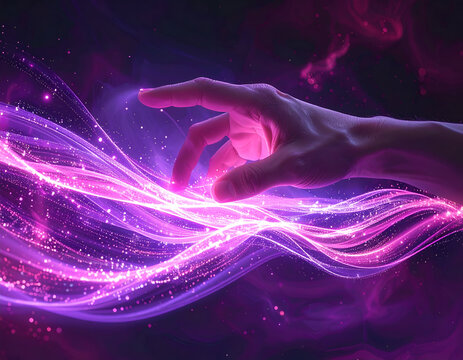 Mystical Hand Interacting with Vibrant Energy Waves.