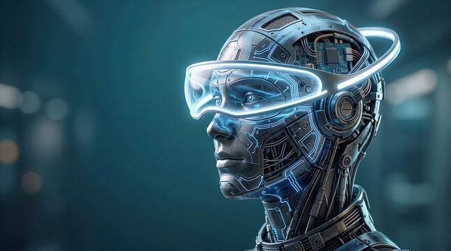 Futuristic cyborg wearing glowing virtual reality goggles with mechanical head details and blue neon lights in high tech setting