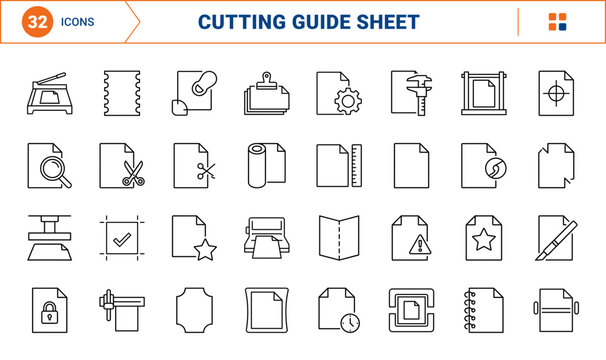 Cutting Guide Sheet Print Finishing Web Icon Set in Linear Style. Collection of Print Production line icons, including cutting guide sheet, paper trimmer, crop marks, guillotine press and more.