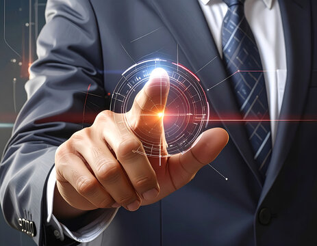 Businessman Touching Futuristic Digital Interface with Glowing Light.