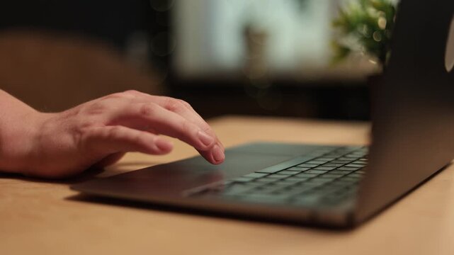Close-up of hands typing on a laptop keyboard in a dimly lit room
