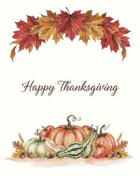 Watercolor thanksgiving card design featuring a festive autumn leaf arch and a harvest arrangement of pumpkins and apples