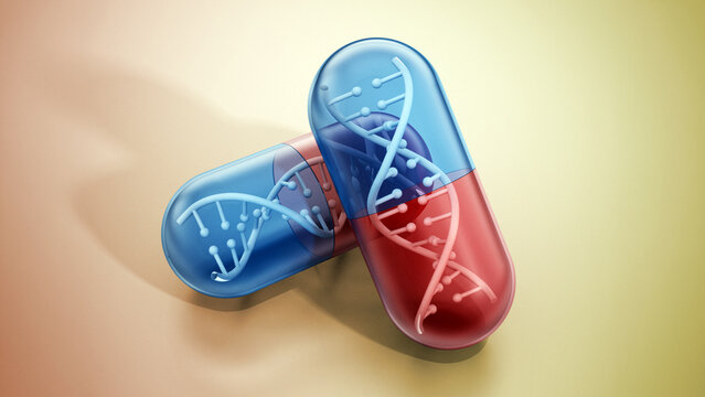 DNA helix inside pill capsules standing on reflective surface. 3D illustration