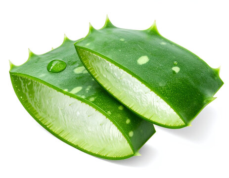 Fresh Aloe Vera Slices with Water Droplet on White Background.