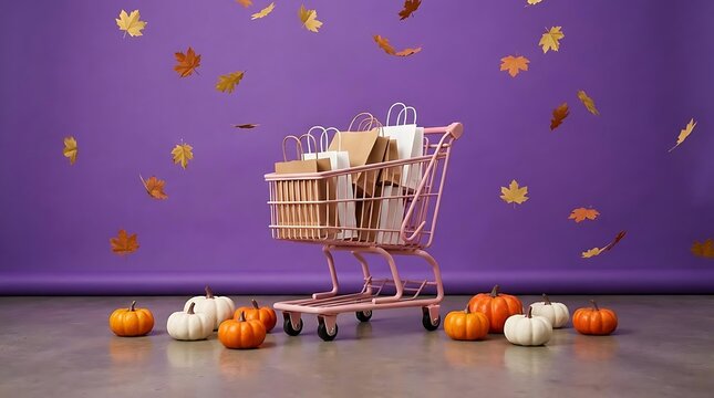 Pink shopping cart with bags and pumpkins on purple background