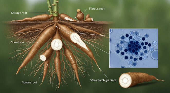 Cassava root structure with starch granules and cross section