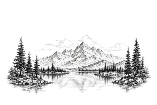 Mountain Lake Landscape with Pine Trees in Vintage Engraving Style