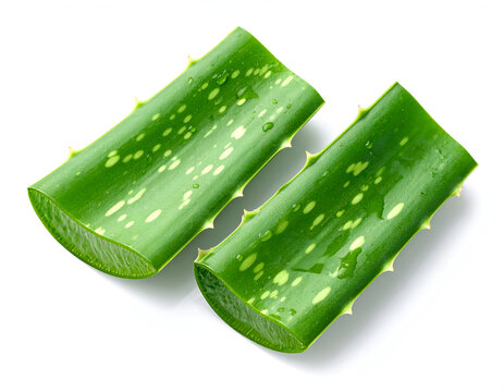Two Fresh Aloe Vera Plant Slices Isolated on White Background.