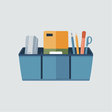 A flat vector illustration depicts a blue desk organizer filled with office supplies.