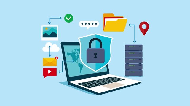 Shield with padlock inside on screen laptop. Concept of data security technology. Storage and indexing of information. Business animation video
