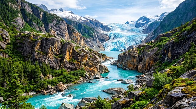 Majestic alpine glacier landscape, turquoise glacial river flowing through rocky mountains, scenic wilderness valley with pine trees