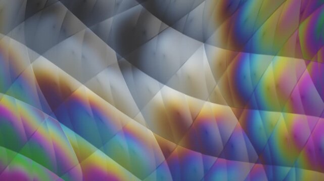 Iridescent pearlescent film with soft rainbow gradients slowly flowing across the frame in a seamless loop