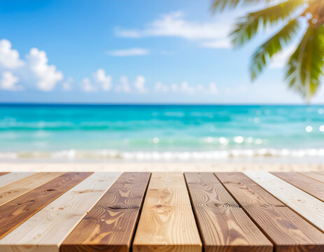A serene wooden surface sits in the foreground, offering a picturesque view of a turquoise ocean and a clear blue sky, enhanced by a palm frond in the upper right corner.