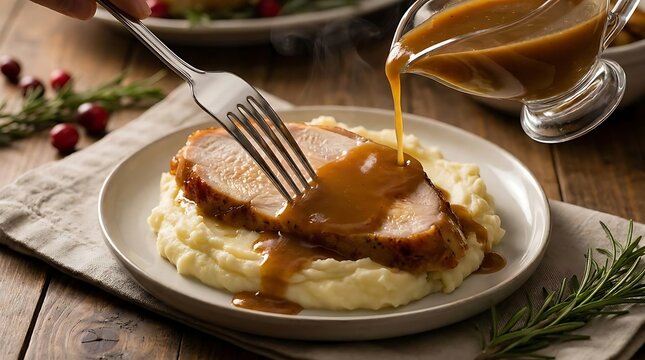 Roasted meat with mashed potatoes and gravy