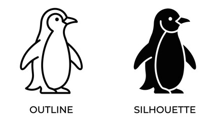 Penguin Outline and Silhouette: Two simple illustrations of a penguin, one in outline style and the other as a solid silhouette, representing the bird in contrasting graphic forms. © mass