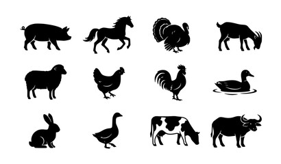 Obraz premium Farm Animal Black Silhouette Icon Set with Cow Horse Pig and Livestock Shapes Vector