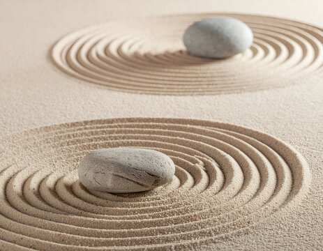 A serene zen garden scene features two smooth stones resting on meticulously raked sand, creating concentric circles that evoke a sense of tranquility and balance.