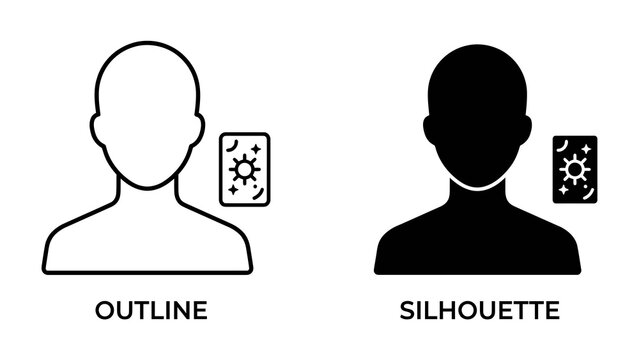Tarot Card Reading Icons: A set of two icons representing tarot card reading, one as a line drawing outline of a person with a tarot card, and the other as a silhouette.