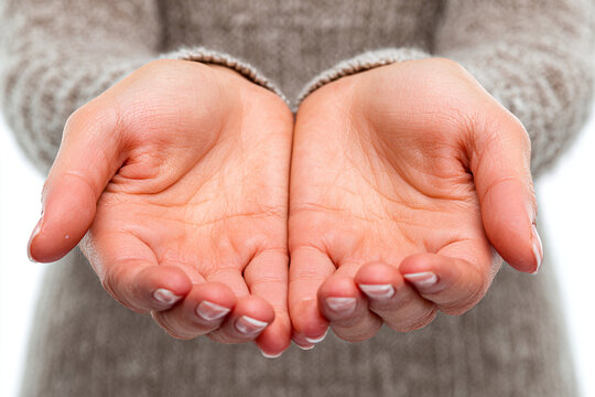 Macro close up view of woman cupped open hands facing upward gesture of receiving giving holding caring offering support vulnerability generosity hope isolated on neutral blurred sweater backdrop phot