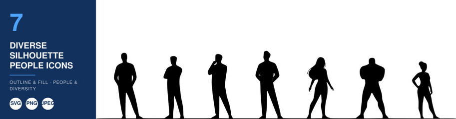 Naklejka premium 7 Diverse Silhouette People Icons in a Row Design Concept Featuring Diversity, Inclusion, Human with Figure and Vector Elements