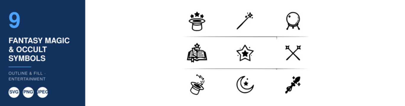 Fantasy Magic and Occult Symbols Icon Set in Flat Design Style Featuring Symbol, Emblem, Mystic with Arcane and Vector Elements
