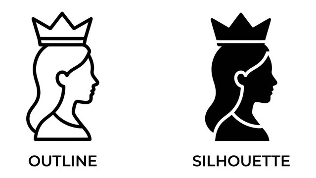 Queen Icon: Two icons representing a queen, one as an outline and the other as a solid silhouette, both featuring a crown and profile view of a woman with long hair.