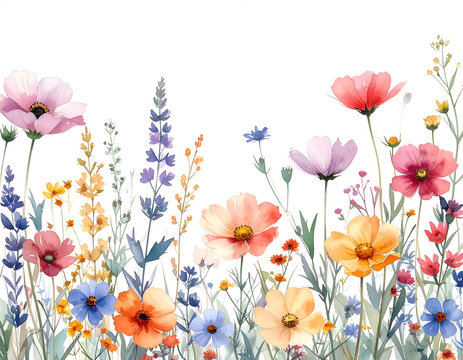 Vibrant Watercolor Wildflower Meadow Border with Delicate Blooms.
