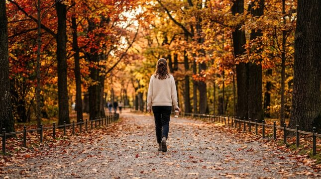 Young woman walking alone down a scenic tree lined path through a beautiful autumn park with vibrant fall foliage