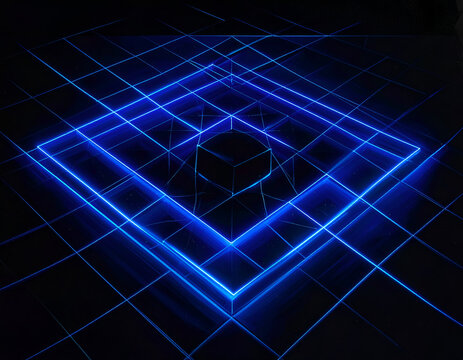Abstract Neon Grid with Central Cube in Dark Space.