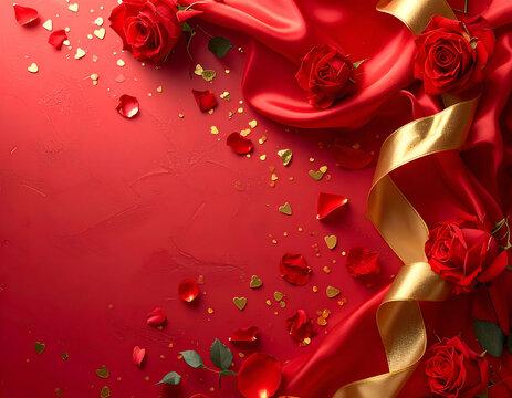 Elegant Red Roses and Golden Ribbon on a Romantic Background.