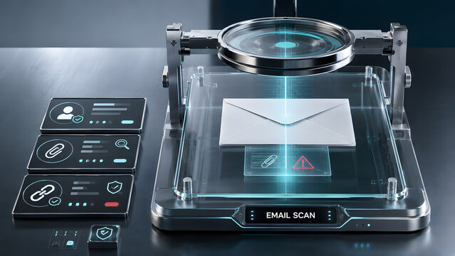 Futuristic email scan device performing deep digital inspection for cybersecurity threats and malware detection