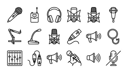 Fototapeta premium Microphone icons for audio recording, podcasting, and broadcasting, outline solid styles, UI and web interface