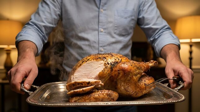 Man serving roasted turkey on silver platter