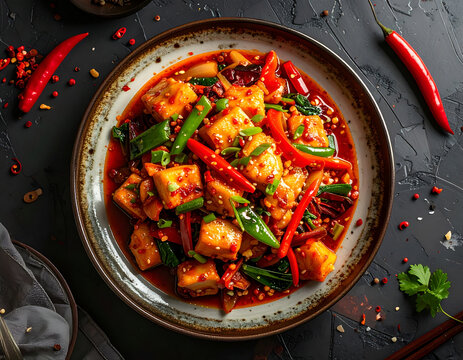 Spicy Tofu Stir Fry with Chili Peppers and Green Beans.