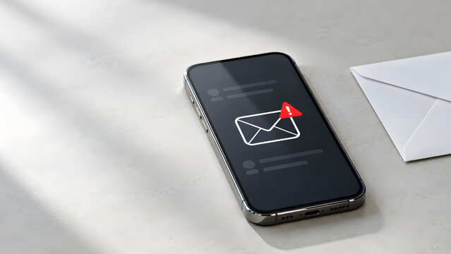 Mobile phishing scam alert concept showing smartphone on desk displaying suspicious email warning notification