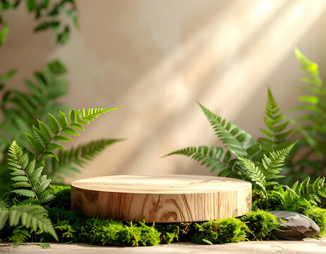 Natural Wood Slice Podium Surrounded by Lush Green Ferns and Moss.
