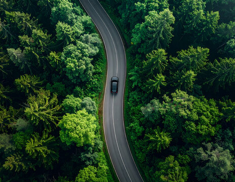 Aerial View of a Car Driving on a Winding Road Through a Lush Green Forest.