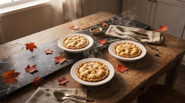 Small pies on wooden table with autumn leaves
