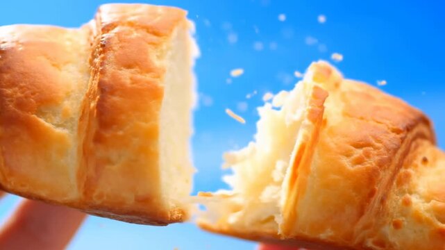 breaking apart a golden brown croissant against a blue sky background with a hand holding it close-up, side view, delicious and appetizing food advertising and bakery promotion.