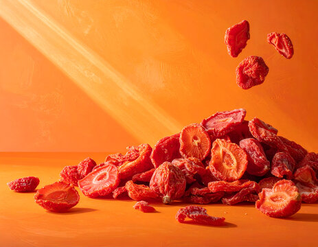 Pile of Dried Strawberries and Goji Berries with Dramatic Lighting.