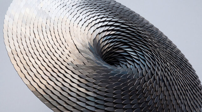 Overlapping 3D steel scales with a curved edge