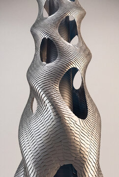 Perforated 3D scale tower with organic silver curves