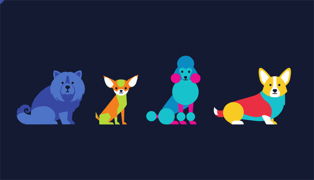 Row of four diverse dog breeds including a chow chow, chihuahua, poodle, and corgi shown in stylized geometric shapes.